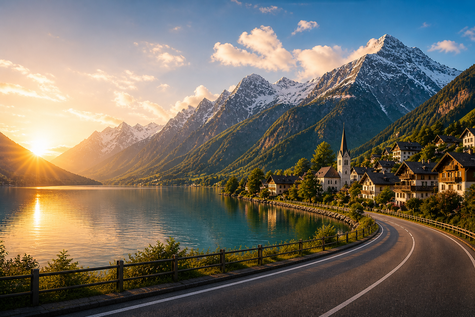 Sunrise over an alpine lake with mountain village and scenic road